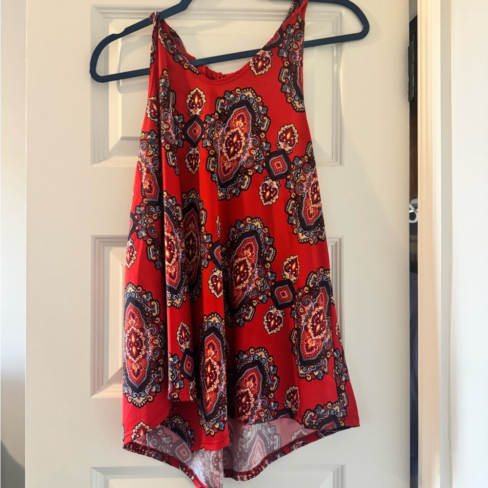 Red Printed High-Neck Tank Top